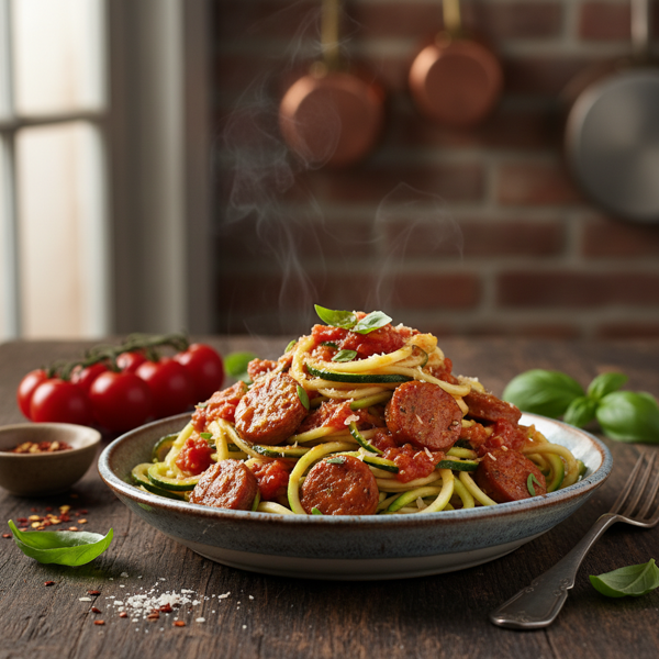 Zucchini Noodles with Savory Tomato and Sausage Sauce recipe