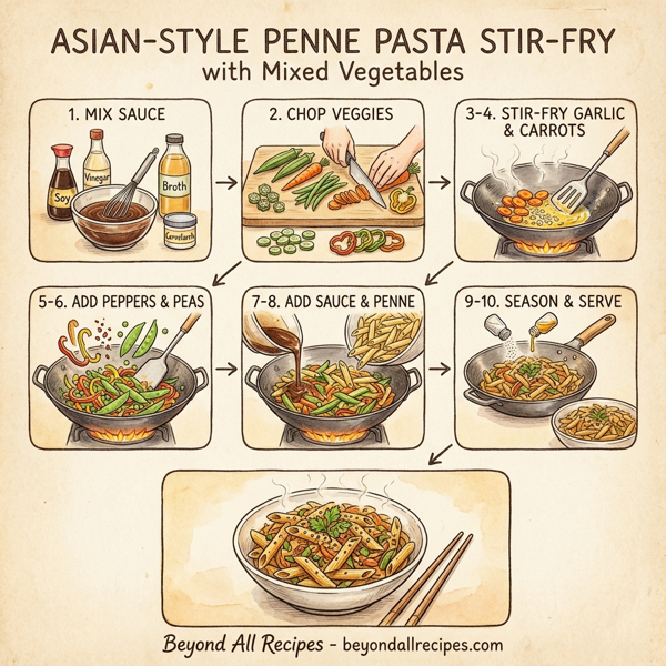 Asian-Style Penne Pasta Stir-Fry with Mixed Vegetables instructions