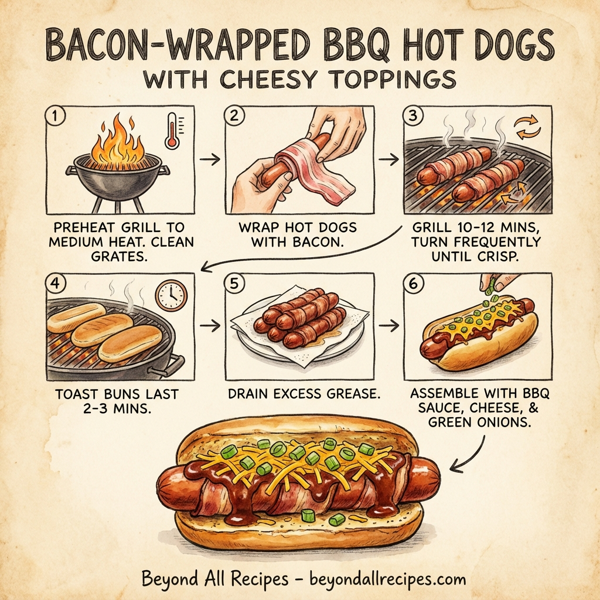 Bacon-Wrapped BBQ Hot Dogs with Cheesy Toppings instructions