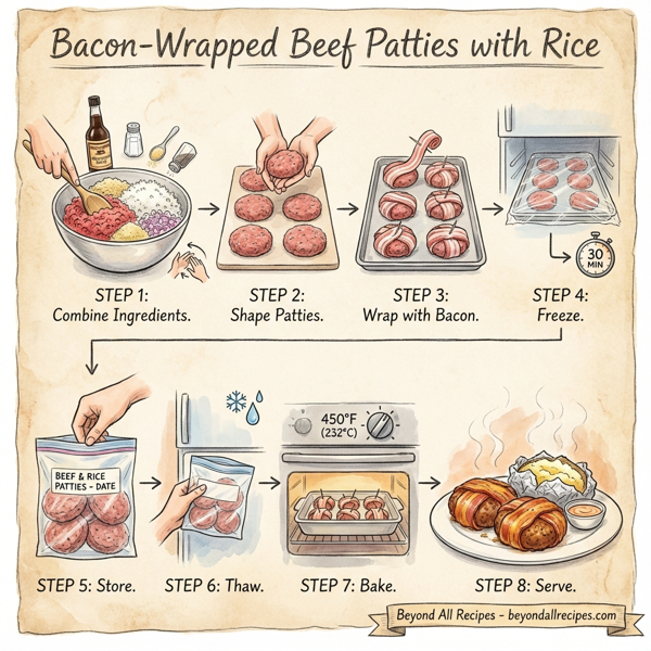 Bacon-Wrapped Beef Patties with Rice instructions