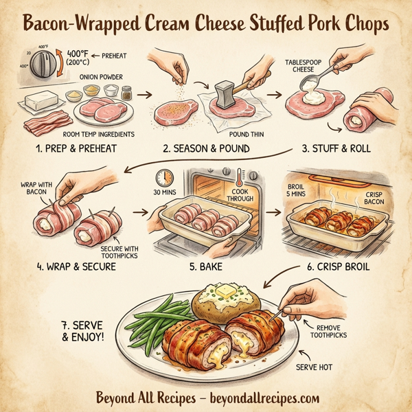 Bacon-Wrapped Cream Cheese Stuffed Pork Chops instructions