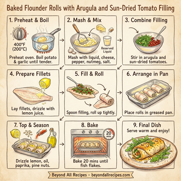 Baked Flounder Rolls with Arugula and Sun-Dried Tomato Filling instructions