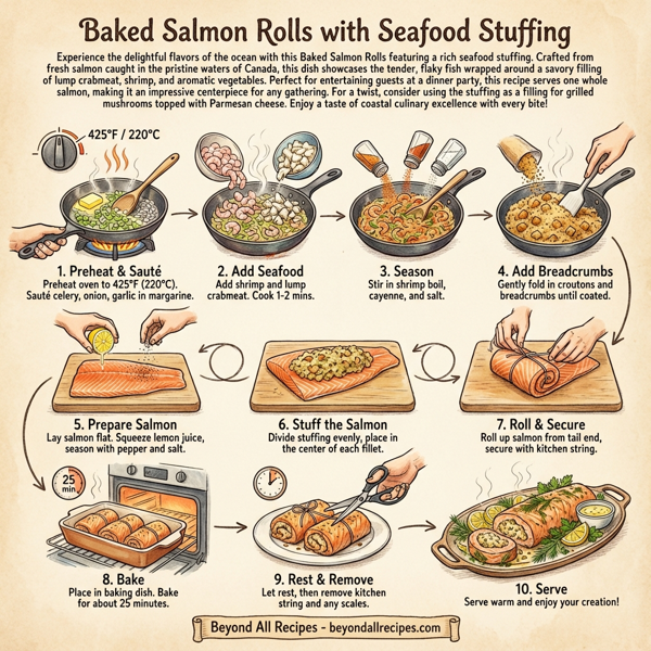 Baked Salmon Rolls with Seafood Stuffing instructions