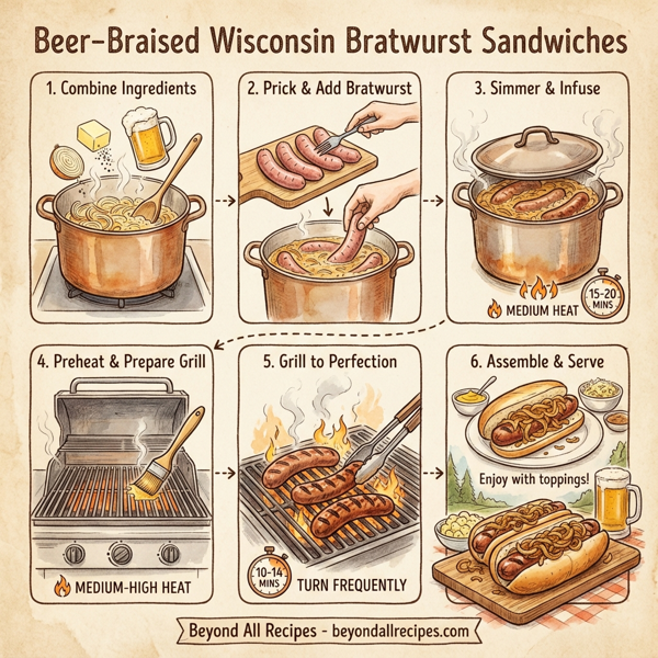 Beer-Braised Wisconsin Bratwurst Sandwiches instructions
