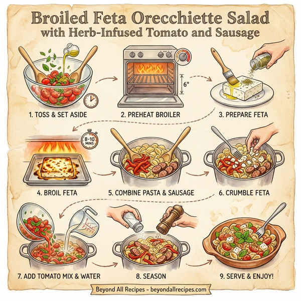 Broiled Feta Orecchiette Salad with Herb-Infused Tomato and Sausage instructions