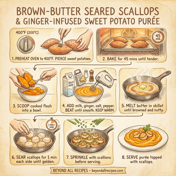 Brown-Butter Seared Scallops with Ginger-Infused Sweet Potato Purée instructions