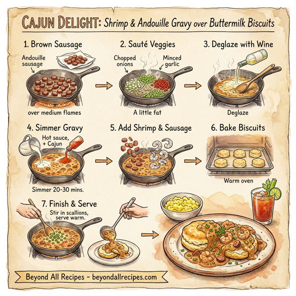 Cajun Delight: Shrimp and Andouille Gravy over Buttermilk Biscuits instructions