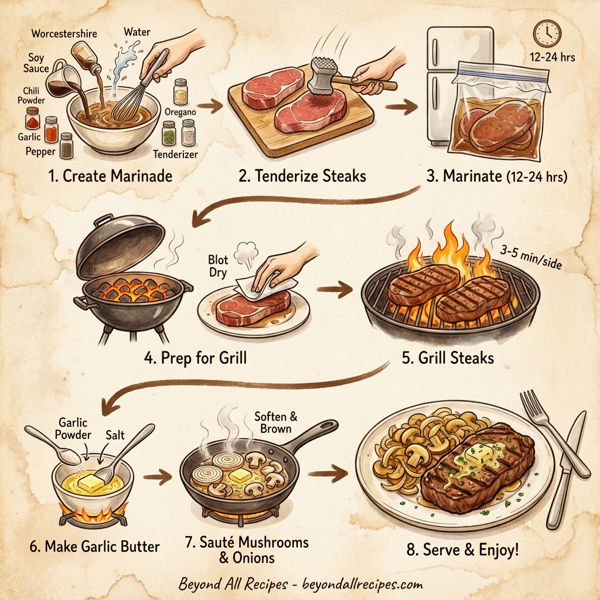 Cajun Grilled Sirloin with Garlic Butter and Sautéed Mushrooms & Onions instructions