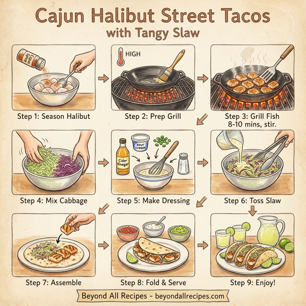 Cajun Halibut Street Tacos with Tangy Slaw instructions