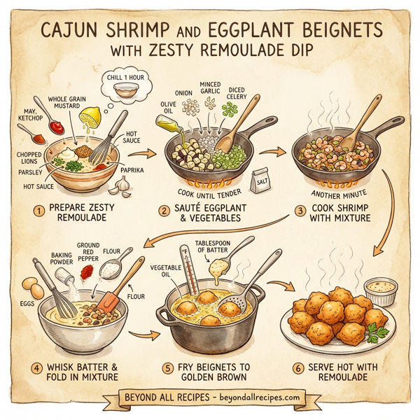 Cajun Shrimp and Eggplant Beignets with Zesty Remoulade Dip instructions