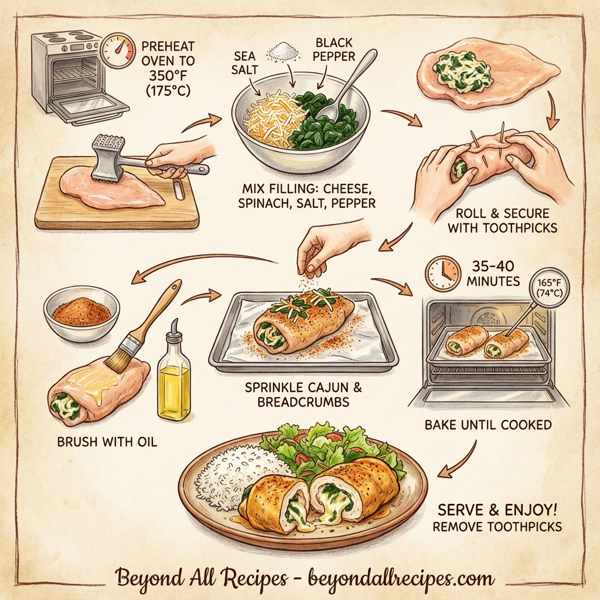 Cajun Spinach & Pepper Jack Stuffed Chicken Rolls instructions