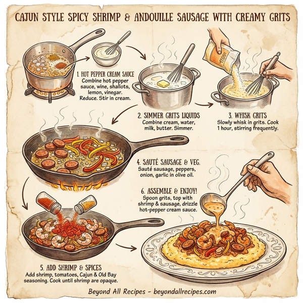 Cajun Style Spicy Shrimp & Andouille Sausage with Creamy Grits instructions