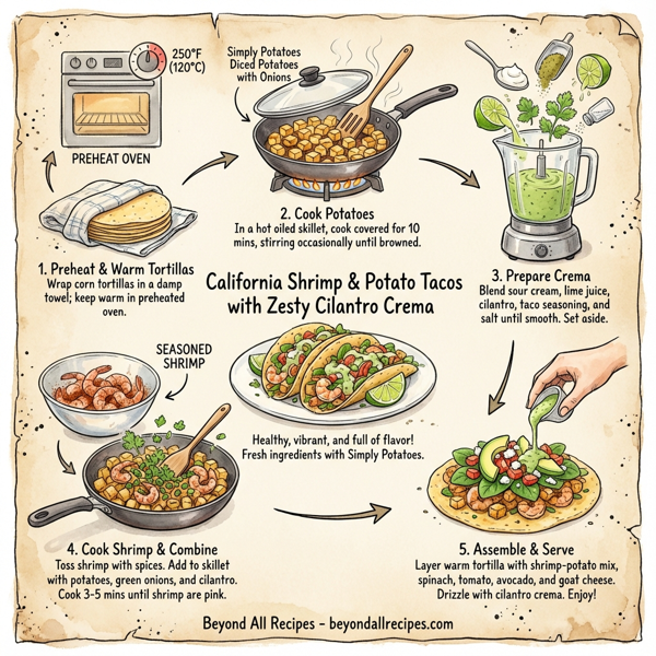 California Shrimp & Potato Tacos with Zesty Cilantro Crema instructions