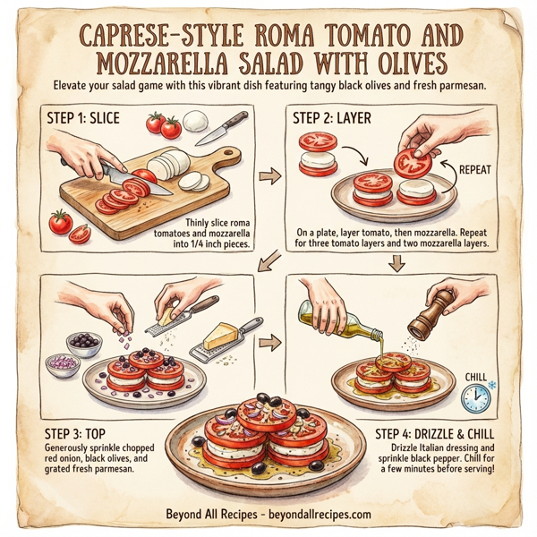 Caprese-Style Roma Tomato and Mozzarella Salad with Olives instructions