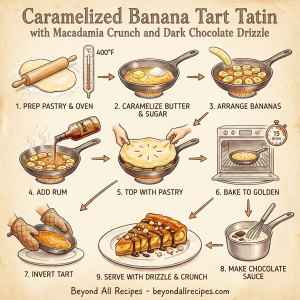 Caramelized Banana Tart Tatin with Macadamia Crunch and Dark Chocolate Drizzle instructions