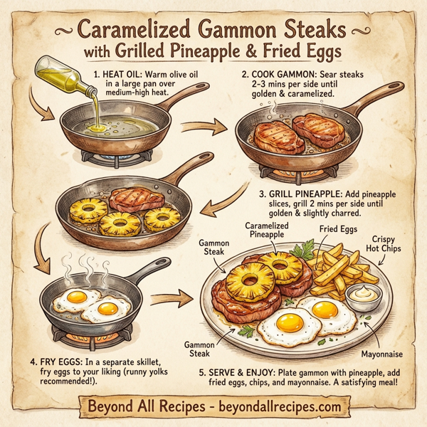 Caramelized Gammon Steaks with Grilled Pineapple and Fried Eggs instructions