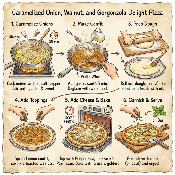 Caramelized Onion, Walnut, and Gorgonzola Delight Pizza instructions