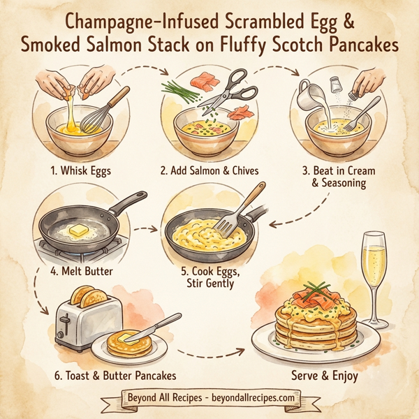 Champagne-Infused Scrambled Egg & Smoked Salmon Stack on Fluffy Scotch Pancakes instructions
