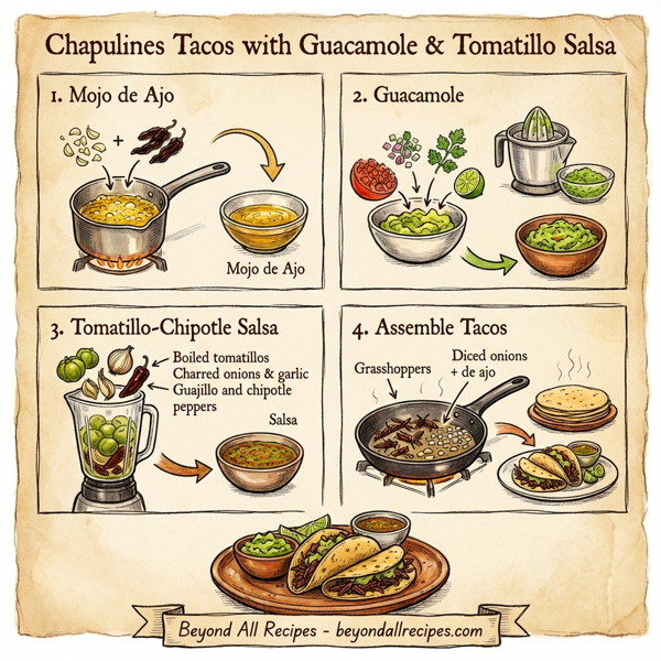 Chapulines Tacos with Guacamole and Tomatillo Salsa instructions