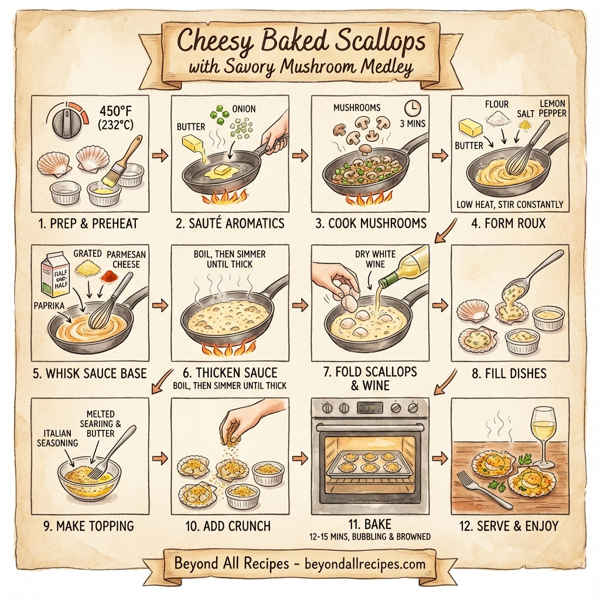 Cheesy Baked Scallops with Savory Mushroom Medley instructions