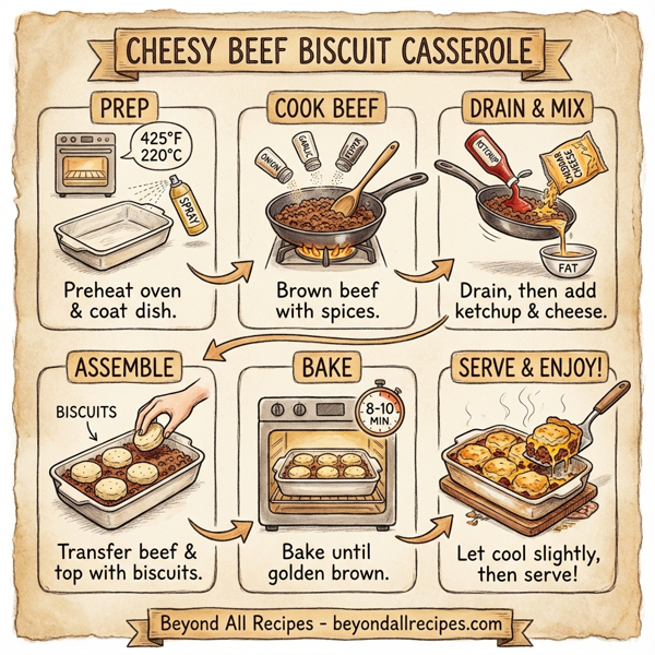 Cheesy Beef Biscuit Casserole instructions