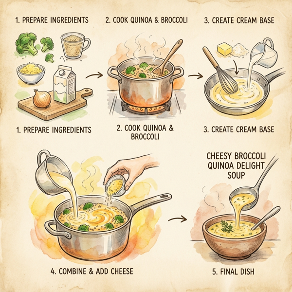 Cheesy Broccoli Quinoa Delight Soup instructions