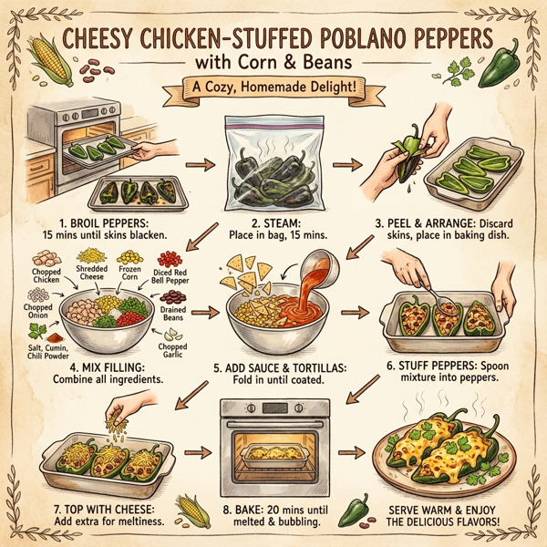 Cheesy Chicken-Stuffed Poblano Peppers with Corn and Beans instructions