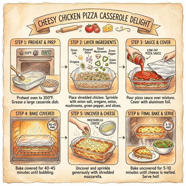 Cheesy Chicken Pizza Casserole Delight instructions