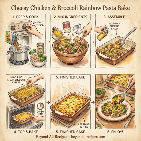 Cheesy Chicken & Broccoli Rainbow Pasta Bake instructions