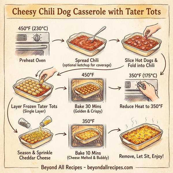 Cheesy Chili Dog Casserole with Tater Tots instructions