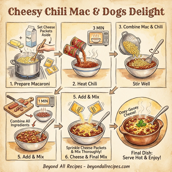 Cheesy Chili Mac & Dogs Delight instructions