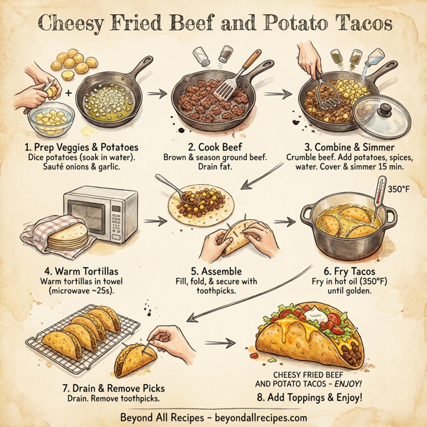 Cheesy Fried Beef and Potato Tacos instructions