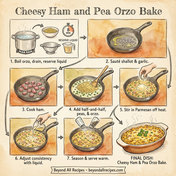 Cheesy Ham and Pea Orzo Bake instructions