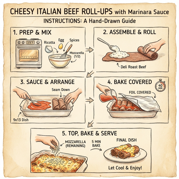 Cheesy Italian Beef Roll-Ups with Marinara Sauce instructions