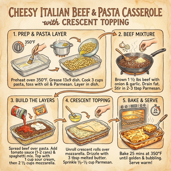 Cheesy Italian Beef & Pasta Casserole with Crescent Topping instructions