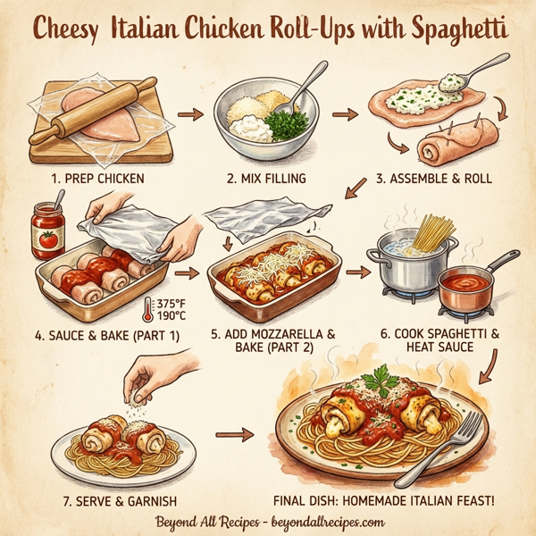 Cheesy Italian Chicken Roll-Ups with Spaghetti instructions