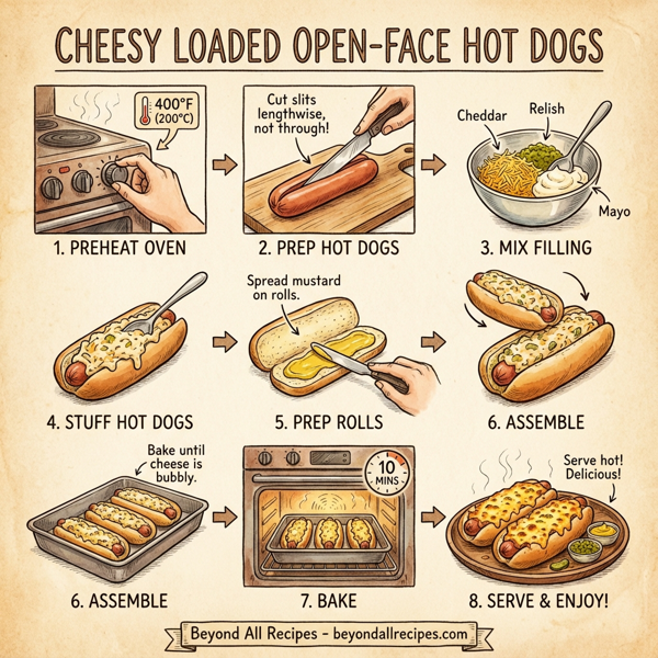 Cheesy Loaded Open-Face Hot Dogs instructions
