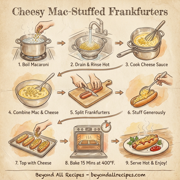 Cheesy Mac-Stuffed Frankfurters instructions