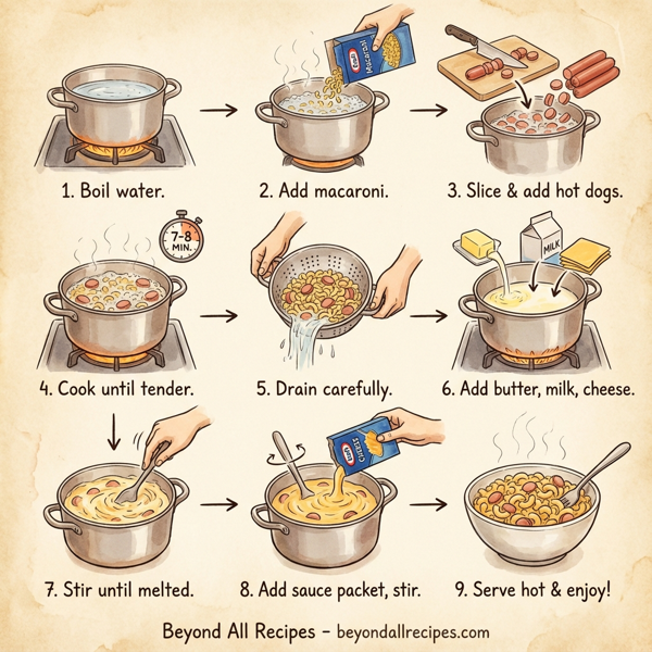 Cheesy Macaroni with Hot Dogs instructions