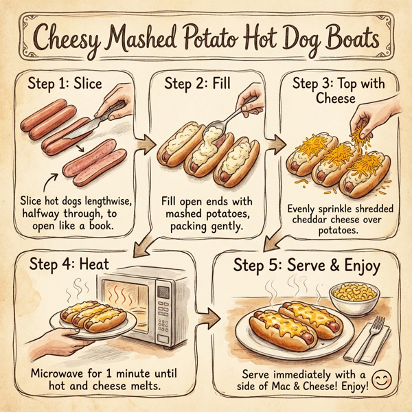 Cheesy Mashed Potato Hot Dog Boats instructions