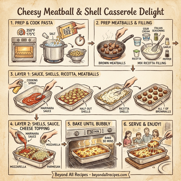 Cheesy Meatball & Shell Casserole Delight instructions