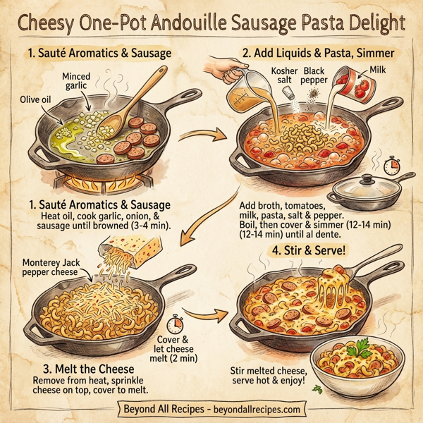 Cheesy One-Pot Andouille Sausage Pasta Delight instructions