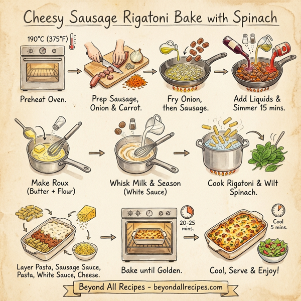 Cheesy Sausage Rigatoni Bake with Spinach instructions