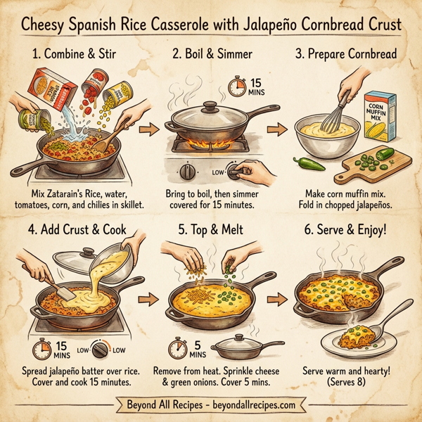 Cheesy Spanish Rice Casserole with Jalapeño Cornbread Crust instructions