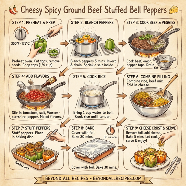 Cheesy Spicy Ground Beef Stuffed Bell Peppers instructions
