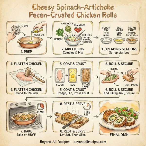 Cheesy Spinach-Artichoke Pecan-Crusted Chicken Rolls instructions