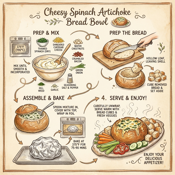 Cheesy Spinach Artichoke Bread Bowl instructions
