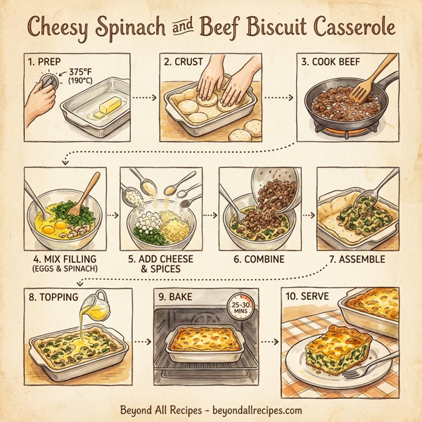 Cheesy Spinach and Beef Biscuit Casserole instructions