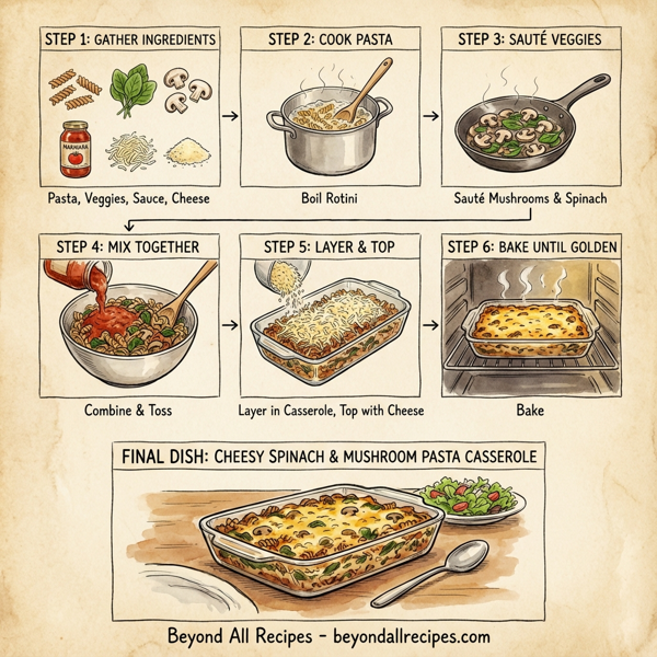 Cheesy Spinach and Mushroom Pasta Casserole instructions