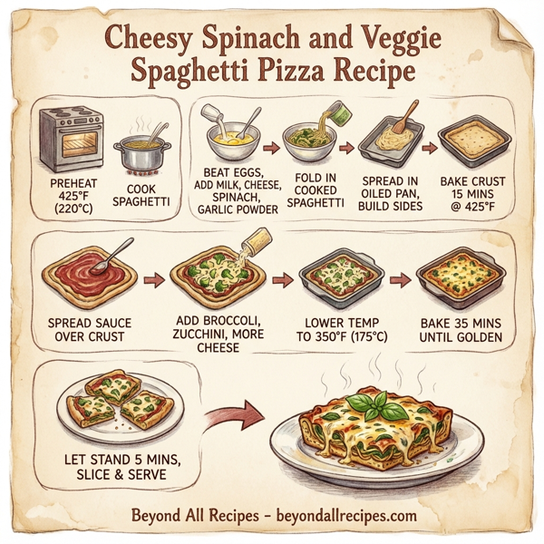 Cheesy Spinach and Veggie Spaghetti Pizza instructions